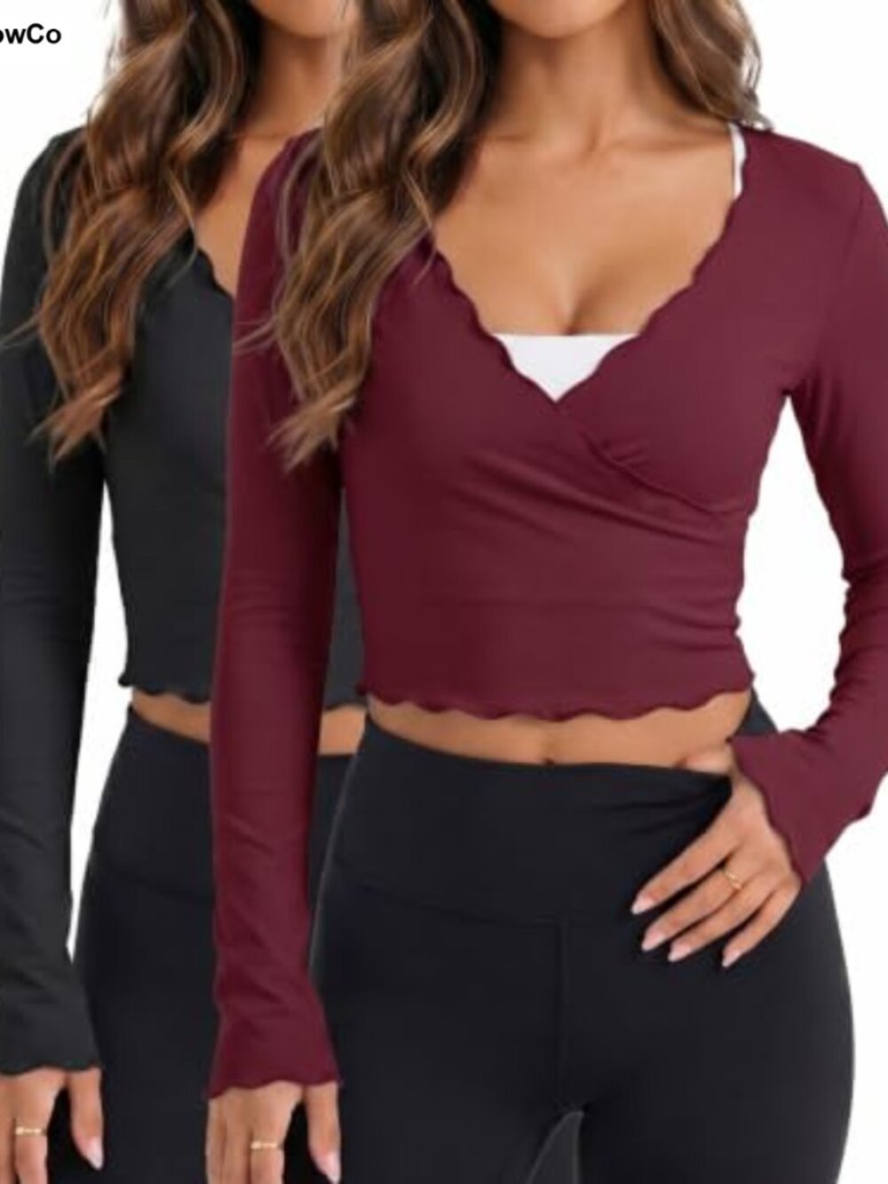 Women Tie Front Wrap Crop Top Long Sleeve Ruffle Hem Ballet Pilates